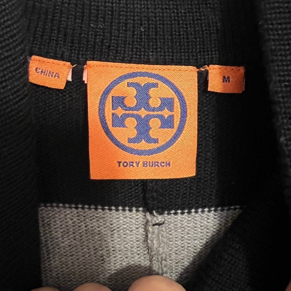 TORY BURCH Grey and Black Stripes Merino Wool Sweater Dress Turtleneck - Picture 7 of 9